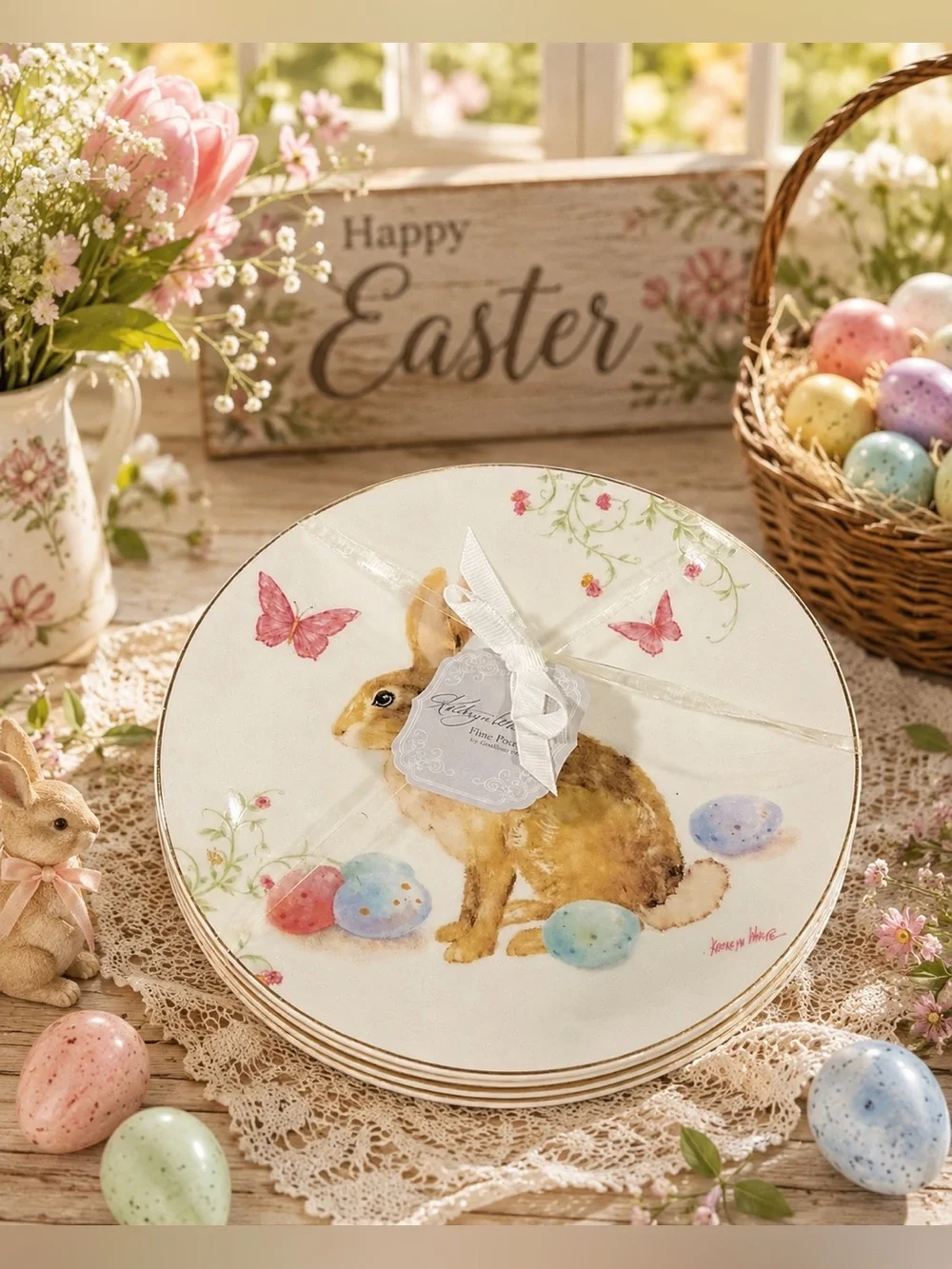 Kathryn White Easter Bunny Porcelain Plates Set of 4 NWT 6” Spring